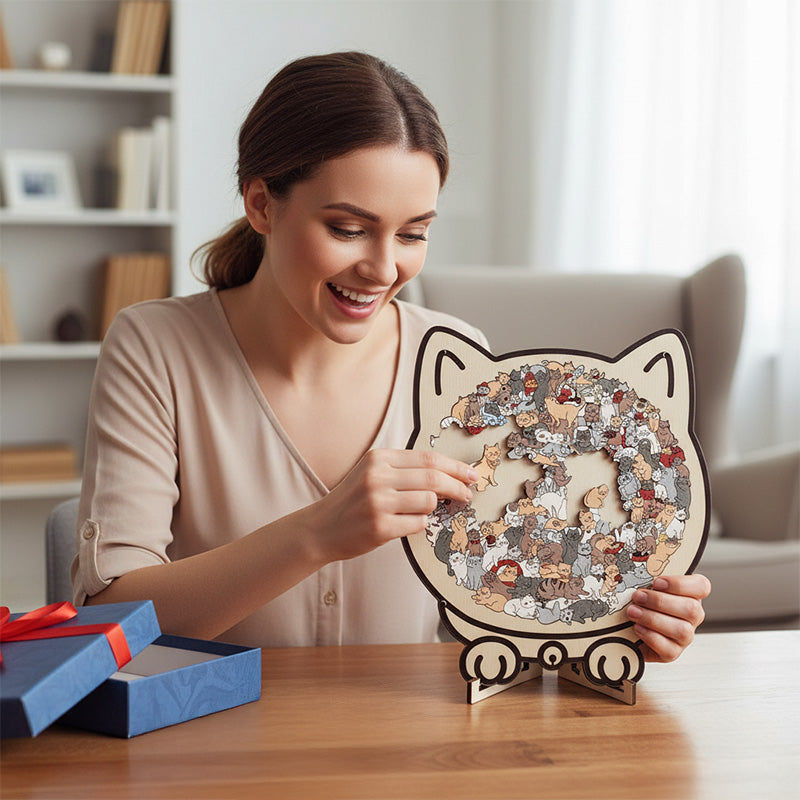 🎅135dielne drevené puzzle v tvare mačky vo farbách Morandiho