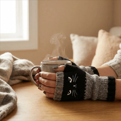 🎁V cene: 📿Náhrdelník s ružami zadarmo❄️😻 Rukavice bez prstov s výšivkou mačky – teplé a štýlové na zimu ❄️