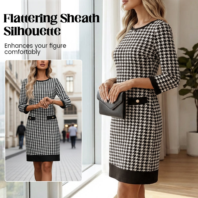 Dámske midi šaty s okrúhlym výstrihom a vzorom houndstooth