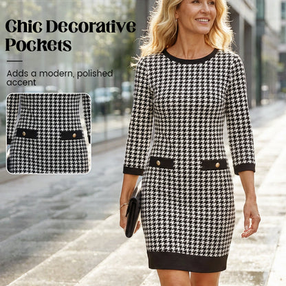 Dámske midi šaty s okrúhlym výstrihom a vzorom houndstooth