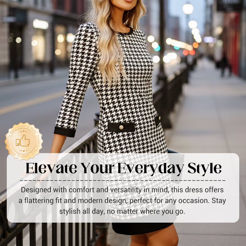 Dámske midi šaty s okrúhlym výstrihom a vzorom houndstooth