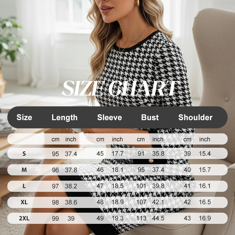 Dámske midi šaty s okrúhlym výstrihom a vzorom houndstooth