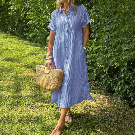 Dámske dlhé šaty s výstrihom do V a pruhovaným golierom